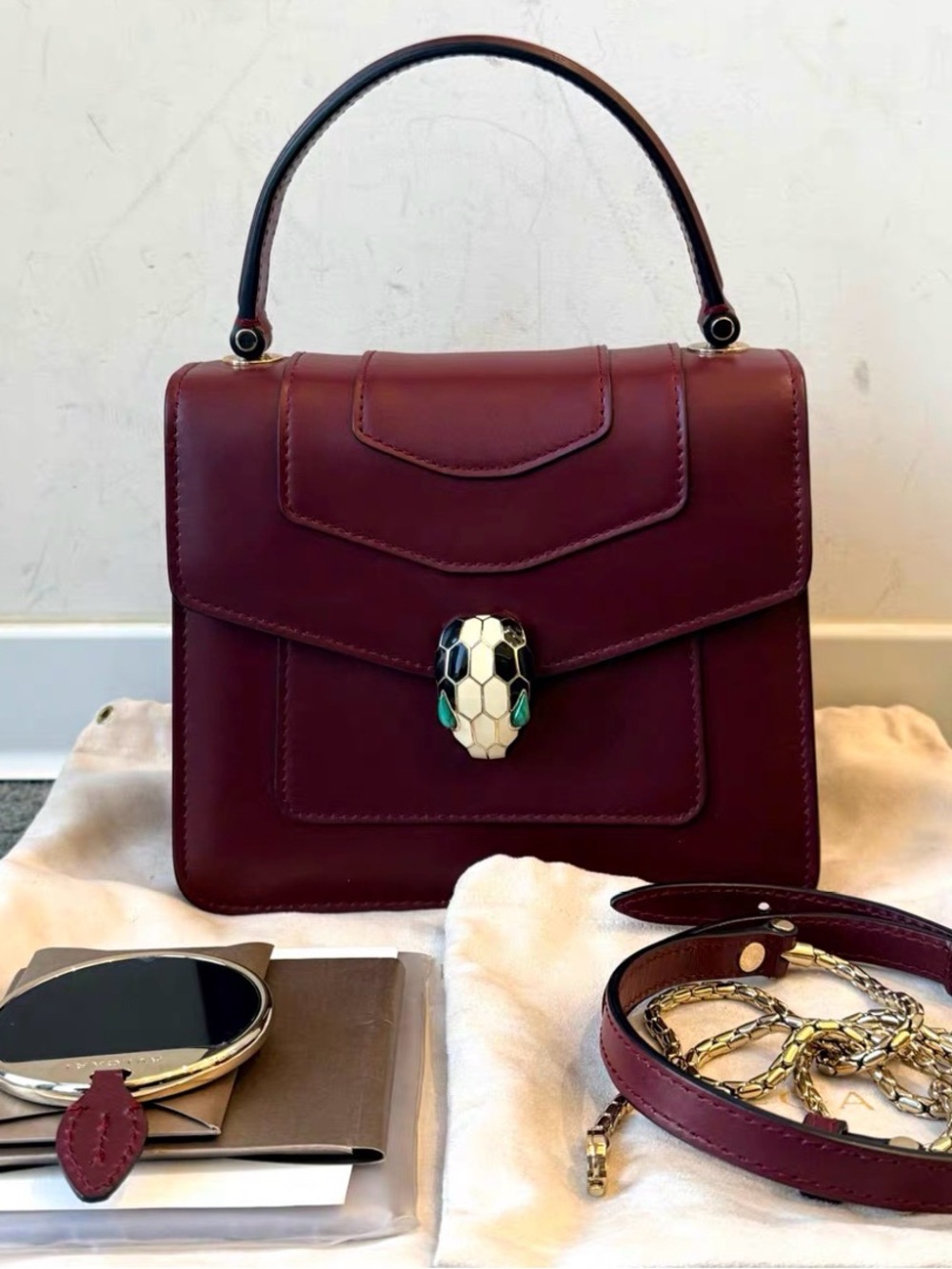 Bulgari Burgundy Leather Top-Handle Satchel with Serpent Clasp